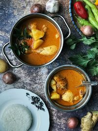 High angle view of soup in bowl on table