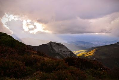 Scenic view of mountains against sky during sunset