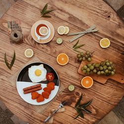 High angle view of food on wooden table