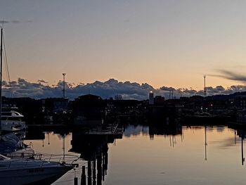 Reflection of buildings in lake at sunset