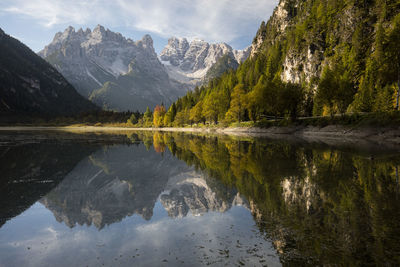 Scenic view of lake and mountains against sky