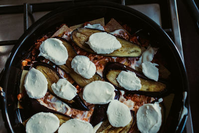 Close-up of food in cooking pan on stove