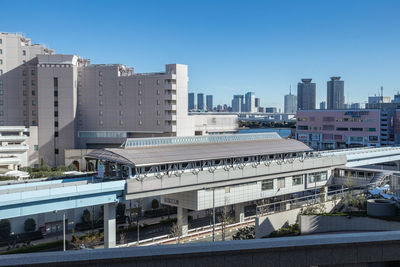 Modern buildings against clear blue sky