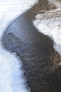 High angle view of frozen water on land