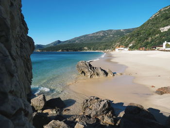 Scenic view of sea against clear blue sky