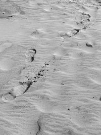 High angle view of shoe prints on sandy beach