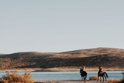 Rear view of women riding horses at riverbank