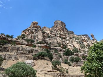 Low angle view of rock formation against sky