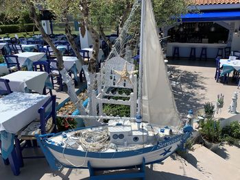 High angle view of boats moored at harbor