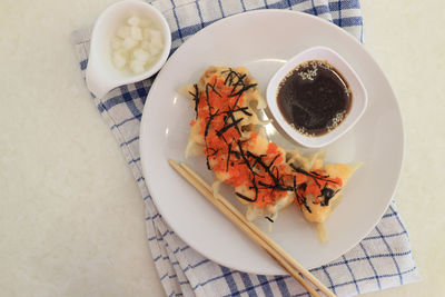 High angle view of food in plate on table