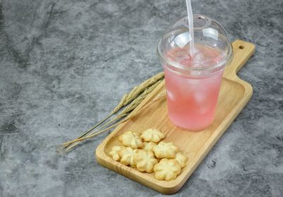 High angle view of drink in jar on table