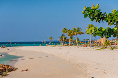 Scenic view of beach against clear blue sky