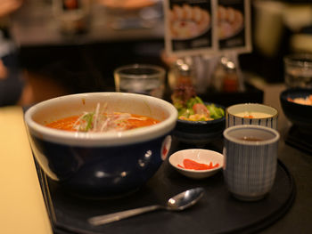 Close-up of soup in bowl on table