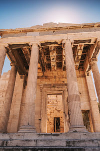 Low angle view of old temple against clear sky