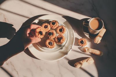 High angle view of breakfast on table