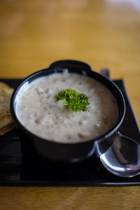 High angle view of soup in bowl on table