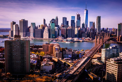 Aerial view of city at sunset