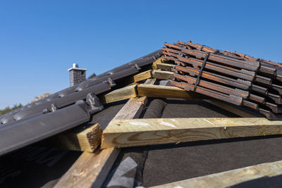 Low angle view of roof of building against clear blue sky