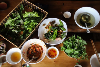 High angle view of meal served on table