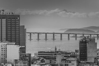 Bridge over river with buildings in background