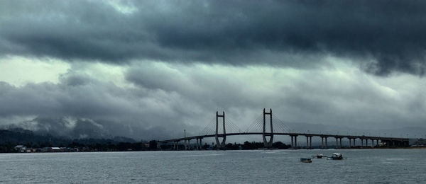 Bridge over river against cloudy sky