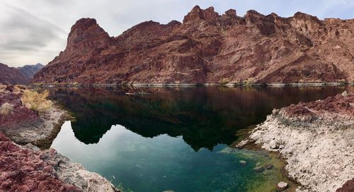 Scenic view of lake and mountains against sky