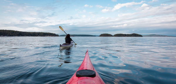 Rear view of person in sea against sky