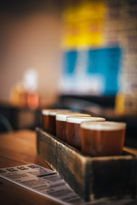 Close-up of beer flight on table