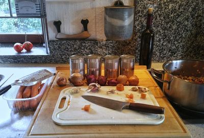 High angle view of food on table at home