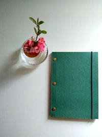 High angle view of red flower on table