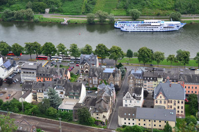 High angle view of residential district by river at cochem