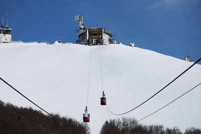 Overhead cable car on snow covered mountain against blue sky