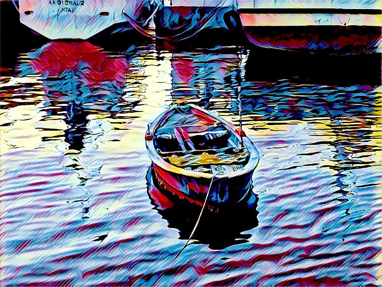 HIGH ANGLE VIEW OF MULTI COLORED BOAT FLOATING ON WATER