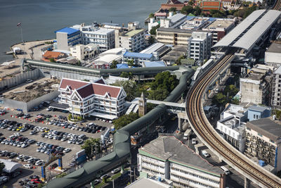 High angle view of buildings in city