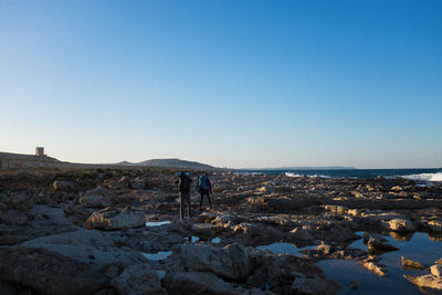 Rear view of friends walking on rocky shore against clear blue sky
