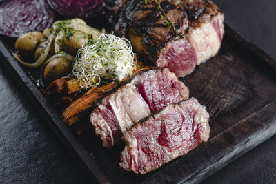 High angle view of food in plate on table