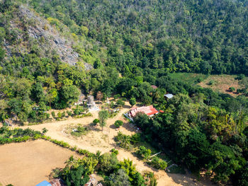 Forest destruction with rainbow in thailand form aerial view