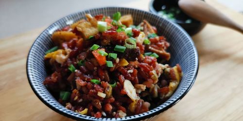 High angle view of food in bowl on table