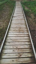 High angle view of empty boardwalk on field