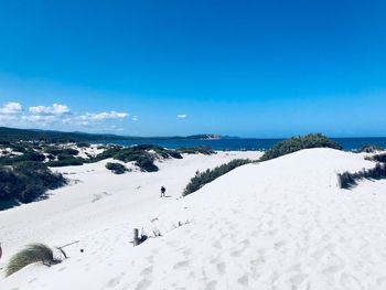 Scenic view of beach against blue sky