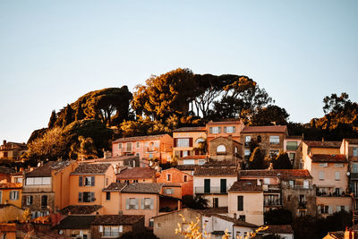 Townscape against clear sky