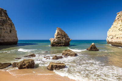 Scenic view of sea against clear blue sky