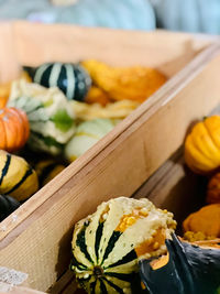 Close-up of autumn colored pumpkins in wooden box