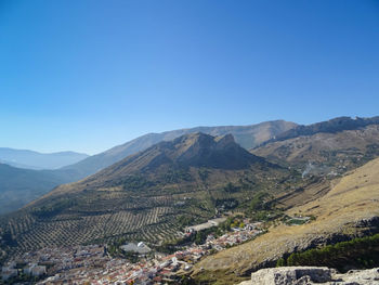 Scenic view of mountains against clear blue sky