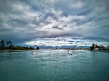 Sailboats in sea against sky