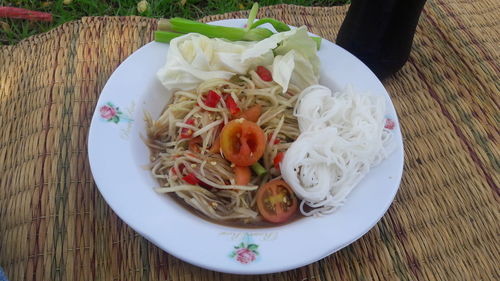 High angle view of food in plate on table