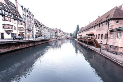 Canal amidst buildings against clear sky in city