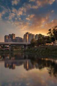 Scenic view of river by buildings against sky during sunset