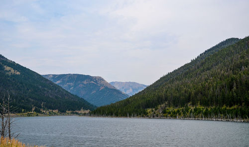 Scenic view of lake and mountains against sky