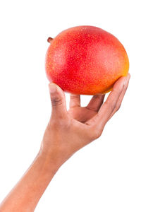 Close-up of hand holding apple against white background